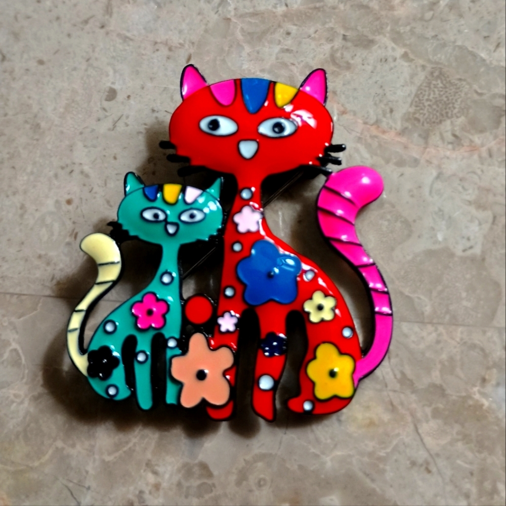 Red and Pink Cat Pin with Mosaic Design